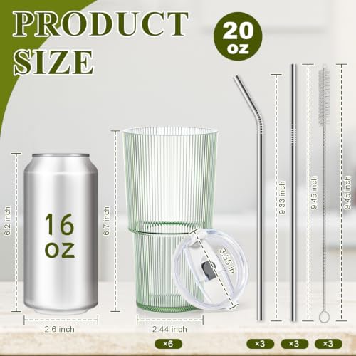 6 Pcs 20oz Plastic Ribbed Tumblers with Lid and Straws Green Plastic Reusable Iced Coffee Cups with Lid Unbreakable Vintage Ribbed Drinking Glasses Tumbler for Juice Smoothie Beverage with Clean Brush - Image 2