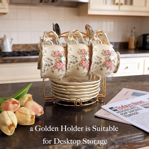 Ceramic Cup Set of 6 with 6 Spoons and a Tray, 350ml Capacity, Cup Set with Stand for Tea Party or Wedding, White Rose - Image 3