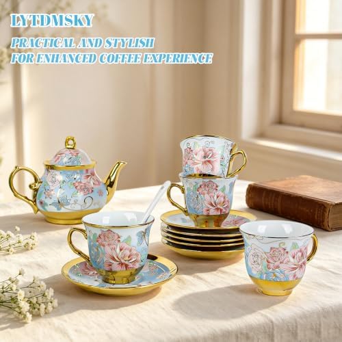 20-Piece Porcelain Tea Sets for Adults, Includes Tea Cups and Saucers, Teapot, Spoons & Metal Rack, Elegant Ceramic Tea Set for Women, Wedding & Home Decor (Blue and Pink) - Image 3