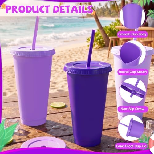 24 Pack Plastic Tumblers with Lids and Straws, Reusable Cups with Lids Plastic Colorful Cups for Parties Birthdays, Iced Coffee Cup Cold Drink Cups Bulk Tumblers (24 oz, Gradient Purple Colors) - Image 4