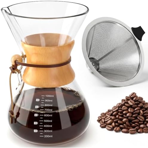 Pour Over Coffee Maker 34oz (1000ml), Borosilicate Glass Carafe with Wooden Handle & Round Body, Double Layer Stainless Steel Filter, Drip Coffee Brewer for Home Camping by OAKJAR