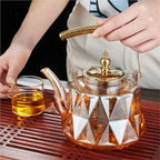 Glass Teapot 1L Glass Teapot With Removable Infuser Filterable Household Heat-resistant Steamed Tea Brewed Transparent for Loose Tea(Copper handle transp) - Image 4