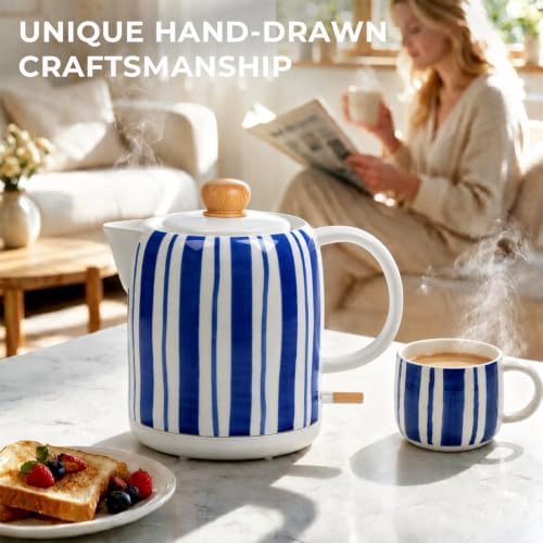 Hand-Painted Blue Striped Ceramic Electric Kettle 1.0L - 1000W Fast Boil with Wooden Lid, Auto Shut-Off & Boil-Dry Protection for Coffee and Tea - Image 2
