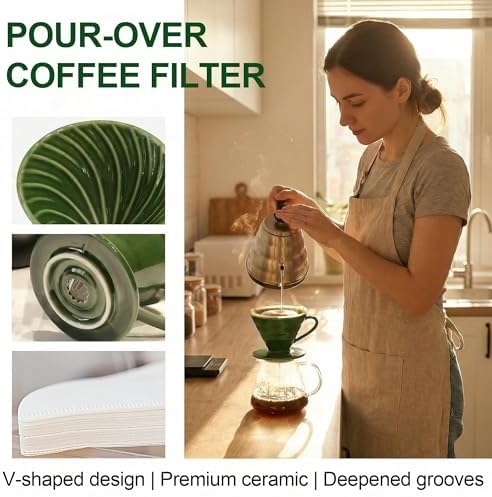 Ceramic Pour Over Coffee Dripper Porcelain Coffee Maker with Hole Flat Bottom Reusable Ceramic Pour Over Maker for Travel, Camping, Office, Home (Brown) - Image 3