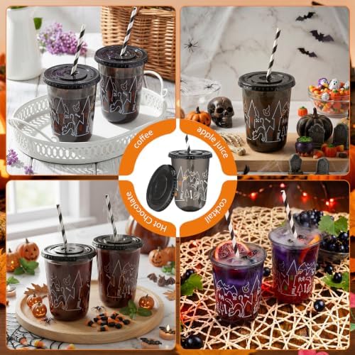LemonRoad 50 Pack 16 oz Halloween Black Plastic Cups with Lids & Straws, Spooky Castle & Bat Print, Disposable Party Tumblers for Iced Coffee, Smoothies, Juice, Pet Drinks, Birthdays & Gatherings - Image 4