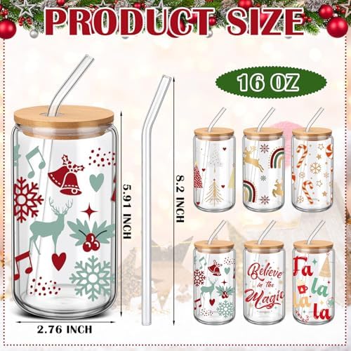SiliFine 6 Pcs Christmas Glass Cups, 16 oz with Lids and Straws - Image 3
