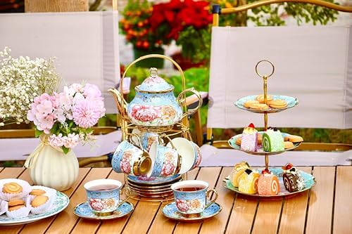 20 Pieces Porcelain Tea Set With Metal Holder, European Ceramic tea set for adults,Flower Tea Set,Tea Set For Women With Flower Painting - Image 4