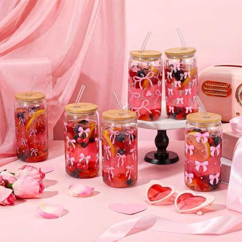 6 Pcs Pink Bow Cherry Glass Cups with Lids and Straws 16 oz - Image 5