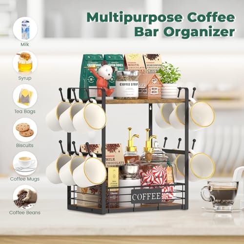 EsLuker.ly Coffee Mug Cup Holder Tree Bar Station Organizer, 2 Tier Mug Stand Rack for Countertop Kitchen, Storage Tower Display Shelf with 12 Hooks, Coffee Nook Enhancer, Vintage Brown Black - Image 4