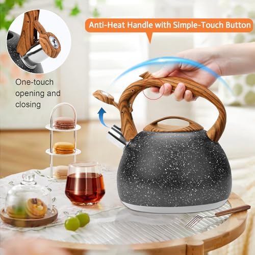 GGC Tea Kettle for Stove Top, Loud Whistling Kettle for Boiling Water Coffee or Milk, 3.1 Quart Heavy Stainless Steel Starry Black Kettle with Wood Pattern Handle, Unique Button Control Kettle Outlet - Image 5