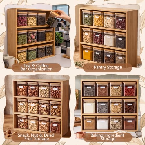 Suclain Bamboo Tea Storage Rack with 12 Canisters with Lids and 24 Tags for Bagged & Loose Leaf Tea Organization or Pantry Office Coffee Station - Image 6