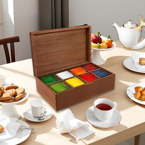 Acacia Wood Tea Bag Organizer Box – 8-Compartment Tea Storage Container Tea Caddy Holder with Removable Dividers – Rustic Tea Chest for Kitchen Counter, Coffee & Tea Station, Gifts - Image 6