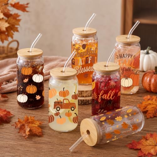 Fall Glass Cups with Lids and Straws, 6 Pack, 16oz, Happy Fall - Image 6