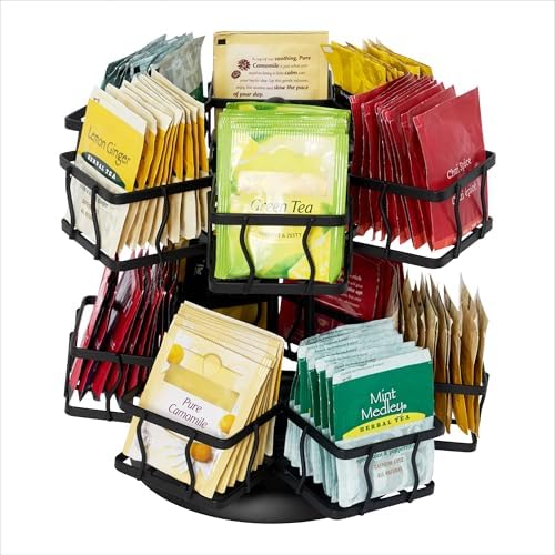 NHZ Tea Bag Organizer - Spinning Carousel Holder With 12 Compartments, Up to 140 Tea Bags Storage, Black Powder Coated Stainless Steel - Image 5