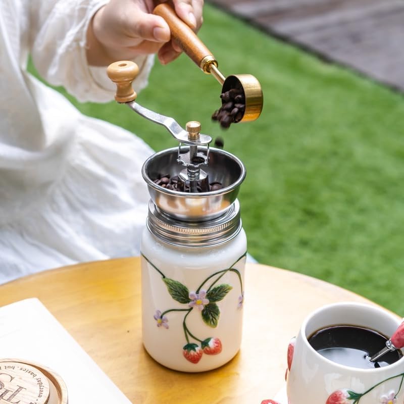 Strawberry Ceramic Manual Coffee Grinder, Hand Crank Coffee Bean Mill, Pour Over Dripper, Milk Pitcher & Mug, Vintage Floral Coffee Maker Kit for Home Kitchen Café Brewing (Manual Coffee Grinder) - Image 3