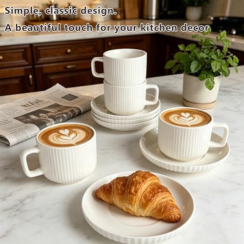 8oz Cappuccino Cups With Saucers - Set Of 4 Latte Mugs With Saucers - White Cream Ceramic Coffee Mugs For Latte, Au Lait, Flat White, Mocha, Tea, Embossed Coffee Cups - Image 5