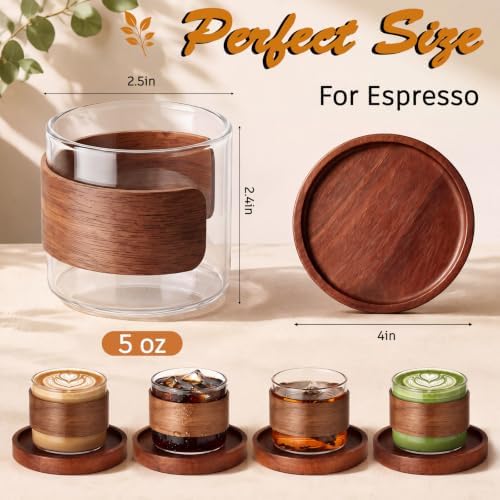 Espresso Cups Set of 4, 5 oz Shot Cup with Wooden Ring, Coaster - Image 3