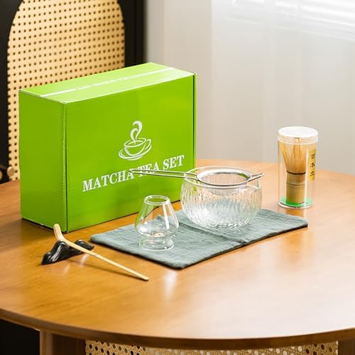 DWEHIXBUY Japanese Tea Set (7pcs) Matcha Whisk Set Matcha Bowl with Pouring Spout Bamboo Matcha Whisk (chasen) Scoop (chashaku) Matcha Whisk Holder Tea Making Kit. WHITE GLASS - Image 4