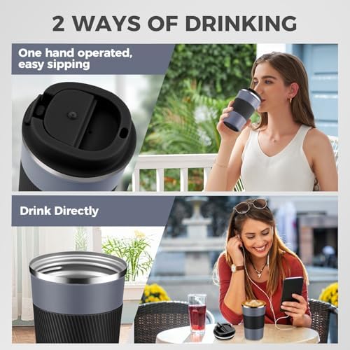 Volhoply 13 oz Stainless Steel Insulated Travel Coffee Mug with Fip Lid Bulk 4 Pack,Reusable Double Wall Vacuum Metal Coffee Cup,Portable Leak Proof Thermal Tumbler for Hot & Cold Drinks(Gray,4) - Image 5
