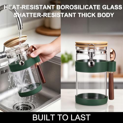 uxcell Airtight Glass Canister with Bamboo Lid & Spoon, Glass Coffee Bean Storage Container 1200ml/40oz Kitchen Pantry Sealed Freshness for Grounds Tea Cereal Sugar, Green - Image 3
