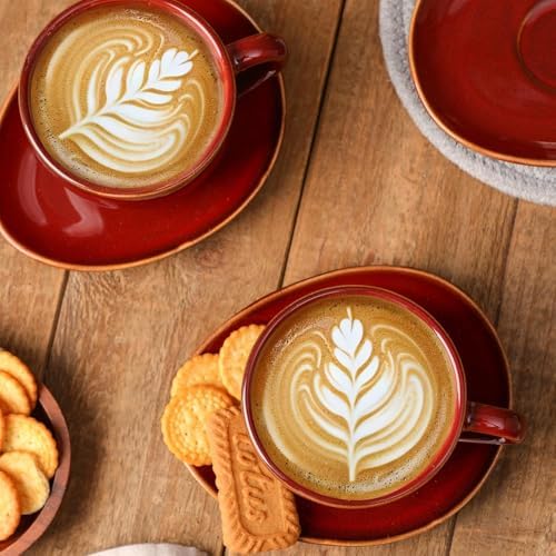 vicrays 6.5 oz Cappuccino Cups with Saucers, Set of 4, Ceramic Coffee Cup for Au Lait, Double shot, Latte, Cafe Mocha, Tea (Cherry Red) - Image 4