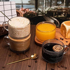 2 Pcs 420 ml Vintage Coffee Mugs, Overnight Oats Containers with Handle, Bamboo Lids and Spoons-Embossed Glass Cups Ideal for Cappuccino, Latte, Cereal, Yogurt, Hot or Cold Beverages - Image 4