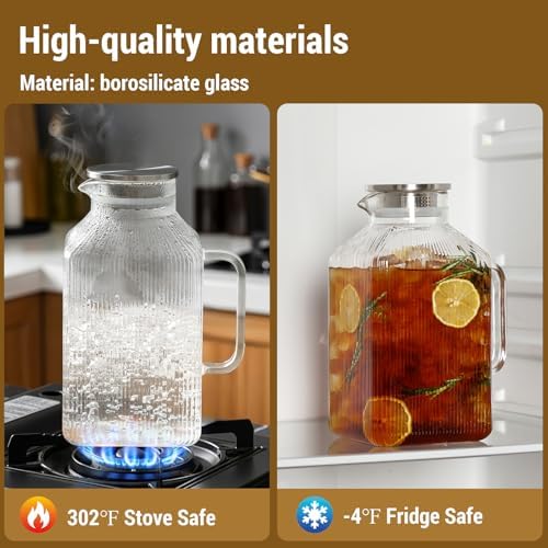 2 Pack 1 Gallon thickened Square Glass Pitcher with Lid, Classic Stripes Water Pitchers for Fridge, Borosilicate Glass Carafe for Hot/Cold Brew Drink, Extra Large Jug with Handle for Iced Tea, Coffee - Image 6