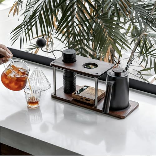 Pour Over Coffee Station Solid Sapele Wood & Stainless Steel Dual Dripper Stand Coffee Organizer (Dark Wood) - Image 2