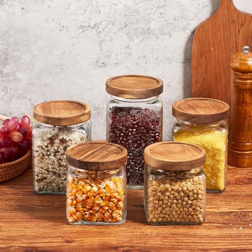 Gerrii Clear 5 Pcs Vintage Glass Food Storage Containers 17/24/34 oz Glass Jar with Lid Airtight Candy Food Canisters for Kitchen Counter Pantry Coffee Beans (Begonia,Sunflower,Window Grilles Square) - Image 4
