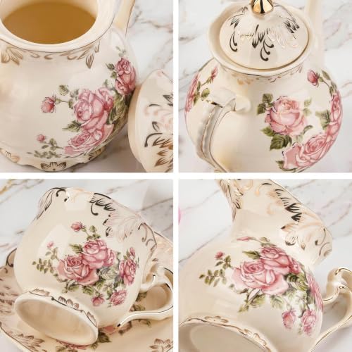 YOLIFE 22 Pcs Tea Sets for Adults, Porcelain Vintage Teaset (Pink Rose) - Image 4