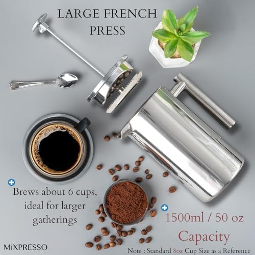 Mixpresso Large French Press Coffee Maker 50Oz Stainless Steel Coffee Press - Image 4