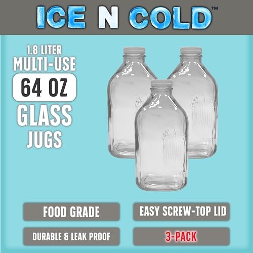 Glass Beverage Jug, 64 oz, Clear, Wide Mouth with Groove Handle and Airtight Lid (3) - Image 3