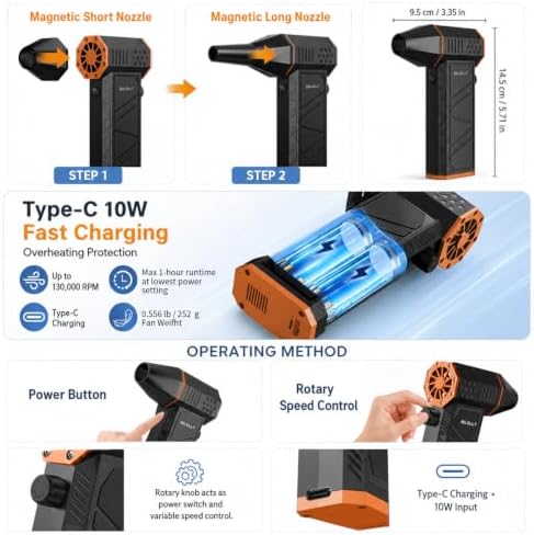 BiLOLLY Compressed Air Duster, 130,000 RPM Electric Air Duster Blower, Rechargeable Turbo Fan with Stepless Speed Control, Portable Mini Jet Blower for Computer, Keyboard, Car, Home and Outdoor - Image 3