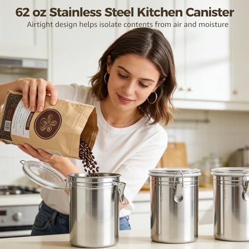3 PCS Stainless Steel Kitchen Canisters, 62 oz Airtight Metal Food Storage Containers with Clear Clamp Lids, Coffee Bean Tea Sugar Flour Canister Set for Kitchen Pantry Counter Shelf - Image 6