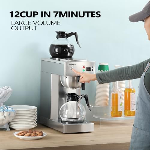 NUPANT 12-Cup Commercial Coffee Maker with Water Line 1.8L Auto-Filling Drip Coffee Maker Machine with 2 Glass Carafes and 2 Warmers Stainless Steel Pour over Coffee Brewer for Restaurant Office cafe - Image 2