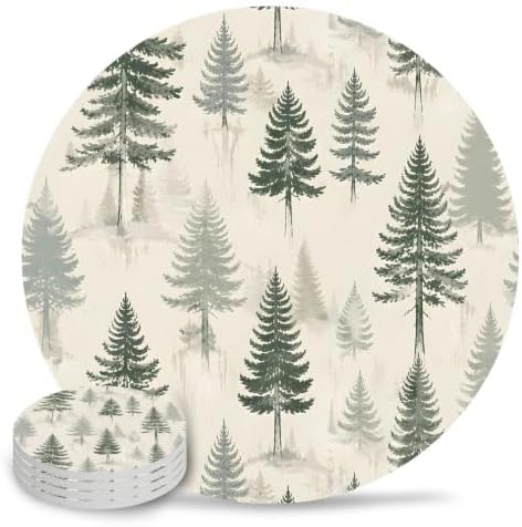 Christmas Tree Absorbent Ceramic Coasters Set of 4, Xmas Pine Trees Winter Rustic Forest Vintage 4" Round Drink Coasters with Cork Base, Coffee Mugs Mats for Housewarming Gift/Bar/Holiday Party by Unknown