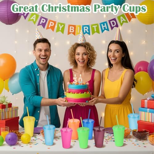 Honeydak 30 Pack Plastic Tumblers with Lids and Straws Bulk, Retro Color - Image 4
