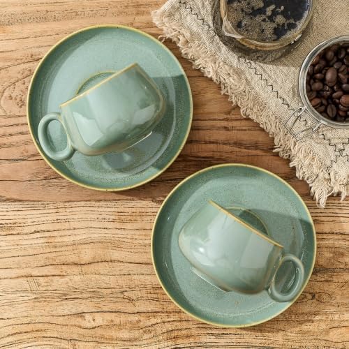LUKA 7.77 oz Ceramic Cappuccino Cups with Saucers and Metal Stand, Set of 4 Large Unique Porcelain Coffee Cup for Latte, Cafe Mocha, Tea, Espresso, Dishwasher Safe, Wild Sage Earth Speckle - Image 7
