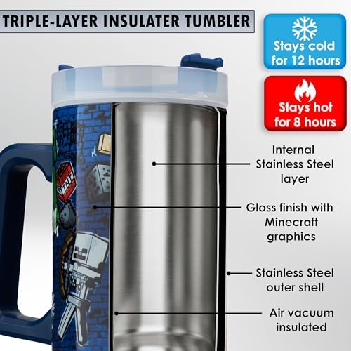 Get Trend Minecraft Tumbler with Handle and Straw 32 oz, Keeps Hot 8 Hrs, Cold 12H & Ice 42H, BPA-Free Insulated Stainless Steel Water Bottle, Travel Mug, Gamer Gifts (Blue Minecraft) - Image 4