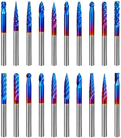 Hakkin 20 Pcs Carbide Rotary Burrs Set, End Mill CNC Router Bit, 1/8" Shank Nano Blue Coating Ball Nose End Mill, Double Cut Coat Rotary Drill for Die Grinder Woodworking, Engraving, Drilling, Carving by Hakkin