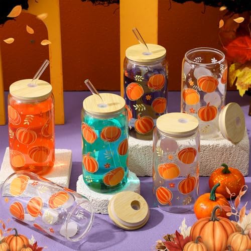 6 Pack Fall Orange Pumpkin Glass Cups with Lids and Straws 16oz - Image 3