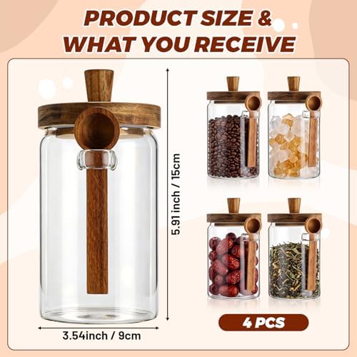 Remerry Set of 4 Glass Jar with Wooden Lid and Spoon, Clear Airtight Spice Canisters Glass Food Storage Kitchen Containers Set for Coffee Bean Tea Sugar (30 oz) - Image 2