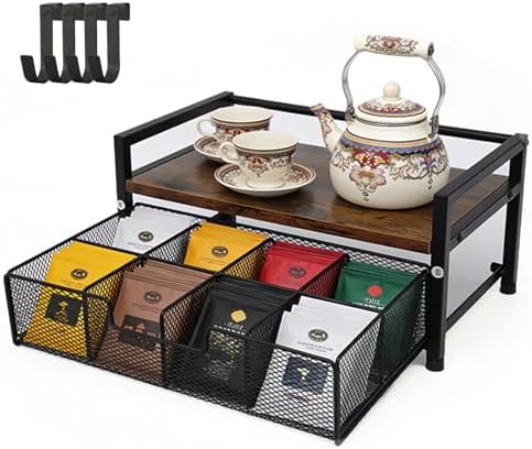 Tea Bag Organizer Holder, Wood Tea Organizers and Storage, 8 Compartments by Vyrix