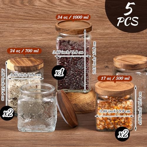 Gerrii Clear 5 Pcs Vintage Glass Food Storage Containers 17/24/34 oz Glass Jar with Lid Airtight Candy Food Canisters for Kitchen Counter Pantry Coffee Beans (Begonia,Sunflower,Window Grilles Square) - Image 2