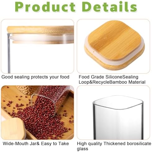 Qinyoung 24 Pcs Glass Storage Jars Square Round Food Storage Containers with Airtight Bamboo Lids Glass Canisters Pantry Jars Seasoning Organizer for Kitchen Spice Flour Cookie Coffee Beans Pasta - Image 4