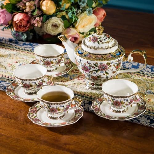 ACMLIFE Fine Bone China Tea Set, 13-Piece English Tea Set for Adults, Afternoon Tea Sets for Women Tea Party or Gift Giving, Pink and Gold - Image 2