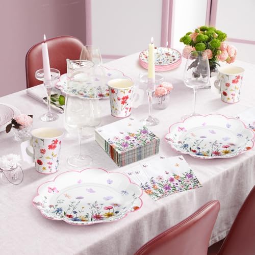 Pickmesh 252 Pcs Floral Tea Party Supplies for 36 Guests Wildflower Paper Disposable Dinnerware Floral Teacups with Handle and Saucers Sets for Tea Party Decorations Birthday Baby Shower Wedding - Image 6