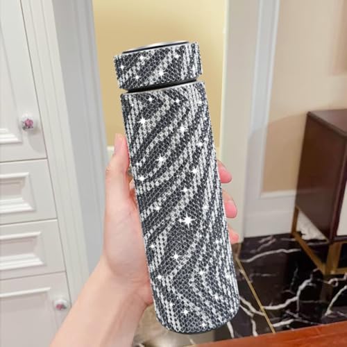 17 oz Bling Stainless Steel Water Bottle Rhinestone Vacuum Water Bottle Glitter Bottles Diamond Vacuum Flask Mug Gift Girls Women (500ml), Black+White Stripe - Image 3