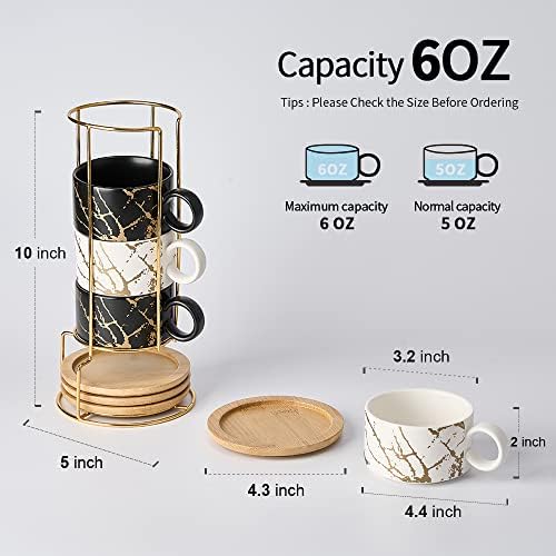 LUKA Porcelain Espresso Cup with Metal Stand, 6 Ounce Stackable Ceramic Demitasse Espresso Mugs Cappuccino Cups Set for Latte,Coffee,Cafe Mocha,Tea(Set of 4) - Image 2