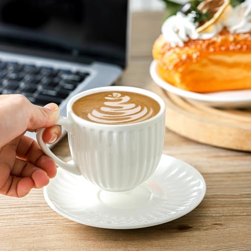 Ceramic Espresso Cups with Saucers 5 Oz,Set of 4 Porcelain Demitasse Cups Set,Small Coffee Cups with Handle for Coffee,Tea,Latte and Macchiato,Cappuccino Mugs for Kitchen and Cafe,White - Image 4